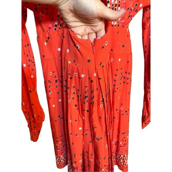 NEW Free People Coryn Coral Orange Print Long Sleeve Dress red combo sz 6 - Picture 9 of 16